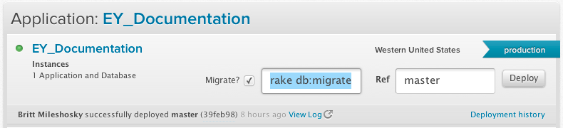Enter your migration command and click the deploy button for your application